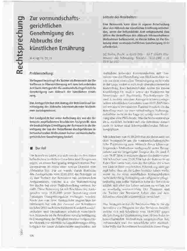 Vorschauseite 1: Zur vormundschaftsgerichtlichen Genehmigung des Abbruchs der künstlichen Ernährung