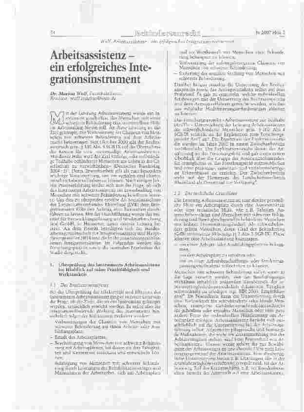 Vorschauseite 1: Arbeitsassistenz - ein erfolgreiches Integrationsinstrument