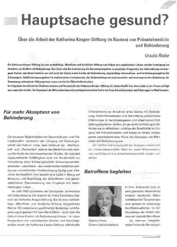 Vorschauseite 1: Hauptsache gesund? - Über die Arbeit der Katharina Kasper-Stiftung
