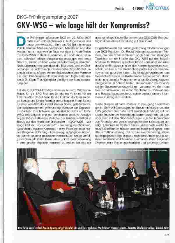 Vorschauseite 1: DKG-Frühlingsempfang 2007 - GKV-WSG - wie lange hält der Kompromiss?