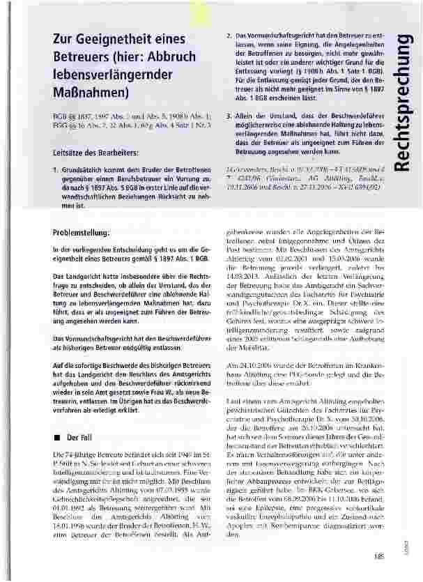 Vorschauseite 1: Zur Geeignetheit eines Betreuers (hier: Abbruch lebensverlängernder Maßnahmen)