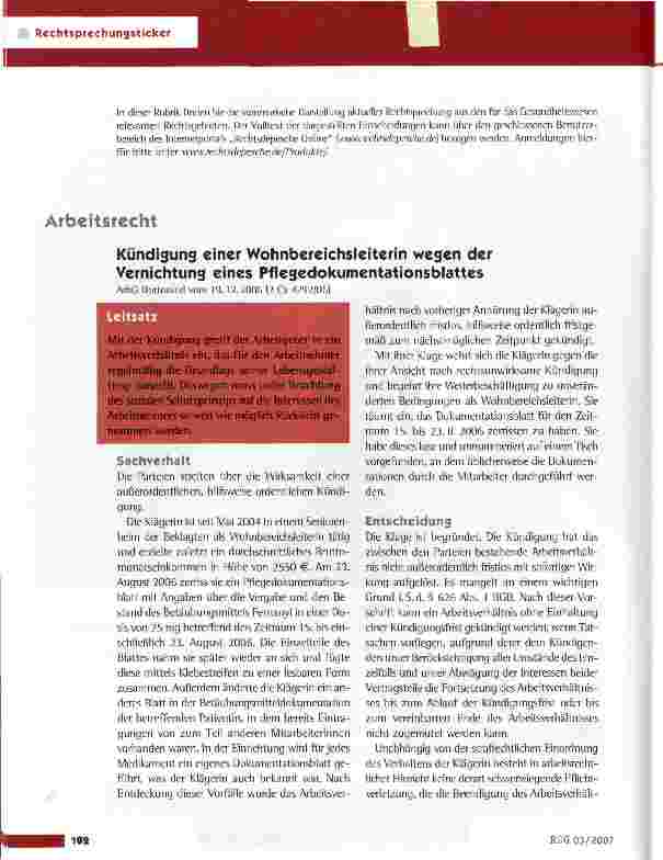 Vorschauseite 1: Kündigung einer Wohnbereichsleiterin wegen der Vernichtung eines Pflegedokumentationsblattes