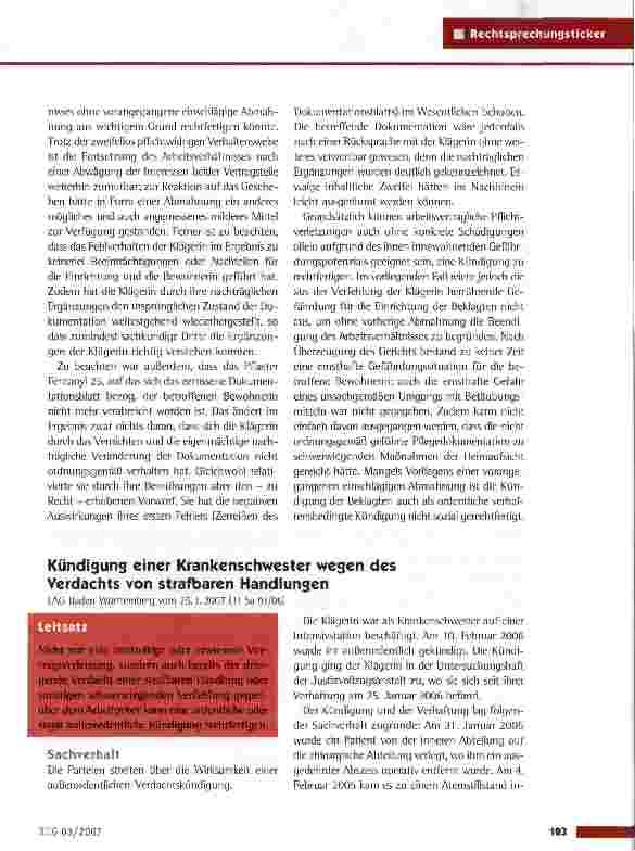 Vorschauseite 2: Kündigung einer Wohnbereichsleiterin wegen der Vernichtung eines Pflegedokumentationsblattes