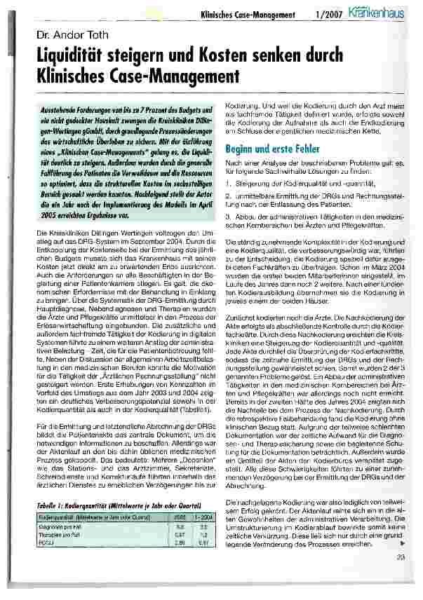 Vorschauseite 1: Liquidität steigern und Kosten senken durch Klinisches Case-Management