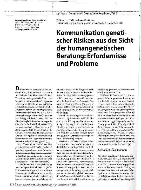 Vorschauseite 1: Kommunikation genetischer Risiken aus der Sicht der humangenetischen Beratung: Erfordernisse und Probleme