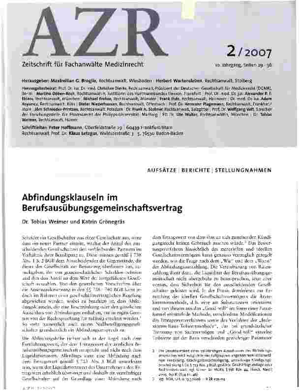 Vorschauseite 1: Abfindungsklauseln im Berufsausübungsgemeinschaftsvertrag