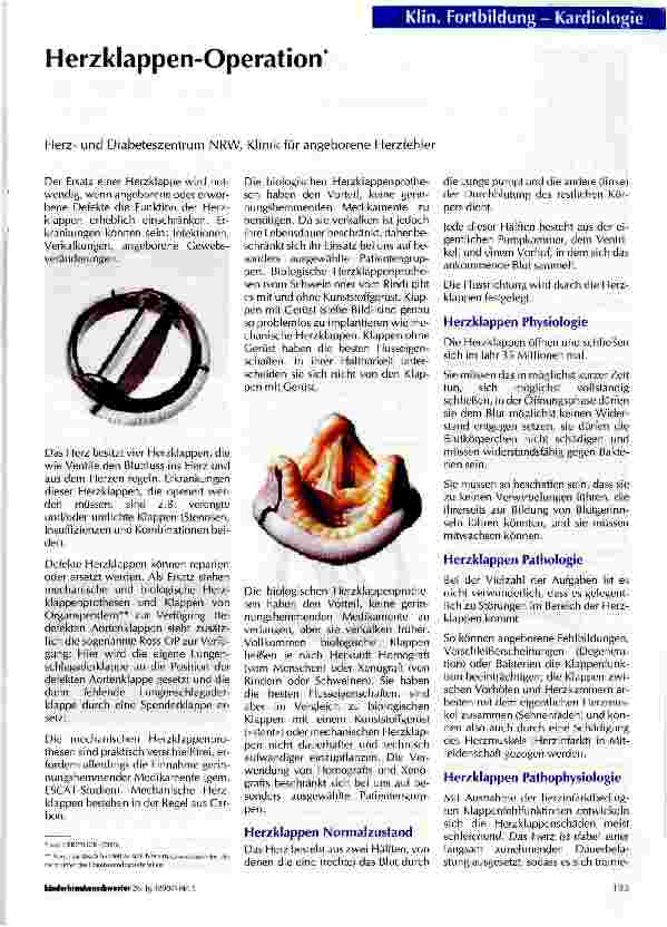 Vorschauseite 1: Herzklappen-Operation - Herzund Diabeteszentrum NRW, Klinik für angeborene Herzfehler