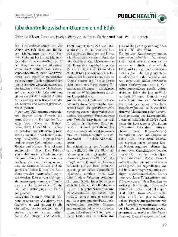 Vorschauseite 1: Tabakkontrolle zwischen Ökonomie und Ethik
