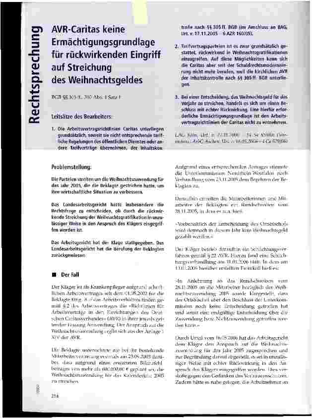 Vorschauseite 1: AVR-Caritas keine Ermächtigungsgrundlage für rückwirkenden Eingriff auf Streichung des Weihnachtsgeldes