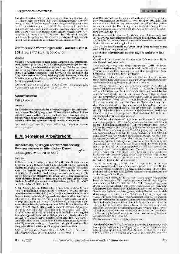 Vorschauseite 1: Benachteiligung wegen Schwerbehinderung; Personalauslese im öffentlichen Dienst SGB IX §§ 81, 82; GG Art. 33 Abs. 2