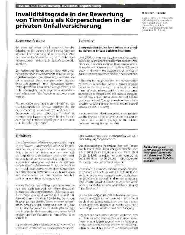 Vorschauseite 1: Invaliditätsgrade in der Bewertung von Tinnitus als Körperschaden in der privaten Unfallversicherung