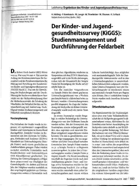 Vorschauseite 1: Der Kinderund Jugendgesundheitssurvey (KiGGS): Studienmanagement und Durchführung der Feldarbeit