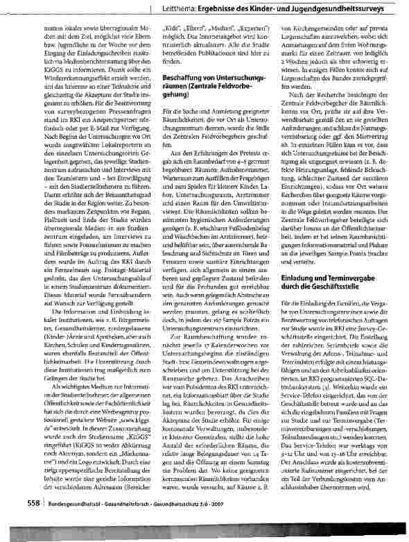 Vorschauseite 2: Der Kinderund Jugendgesundheitssurvey (KiGGS): Studienmanagement und Durchführung der Feldarbeit