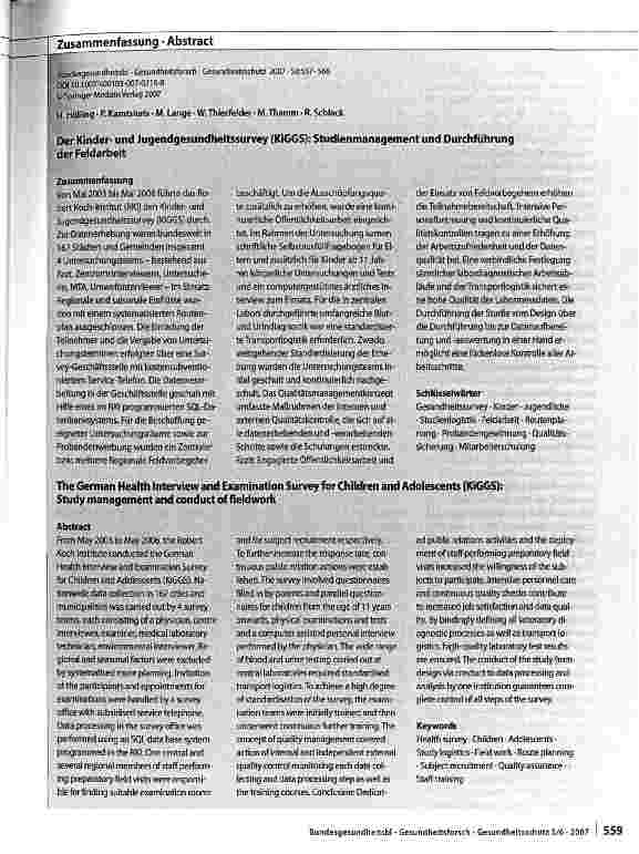 Vorschauseite 3: Der Kinderund Jugendgesundheitssurvey (KiGGS): Studienmanagement und Durchführung der Feldarbeit