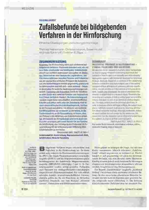 Vorschauseite 1: Zufallsbefunde bei bildgebenden Verfahren in der Hirnforschung