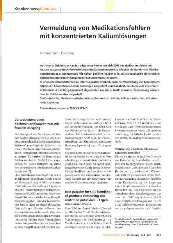 Vorschauseite 1: Vermeidung von Medikationsfehlern mit konzentrierten Kaliumlösungen