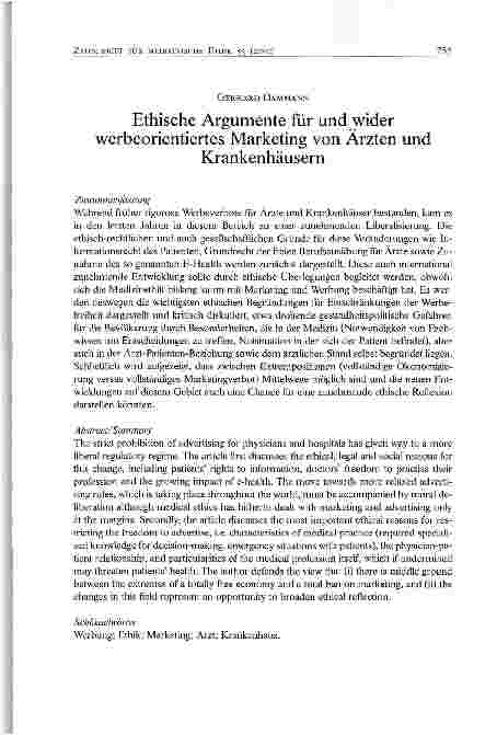 Vorschauseite 1: Ethische Argumente für und widerwerbeorientiertes Marketing von Ärzten undKrankenhäusern