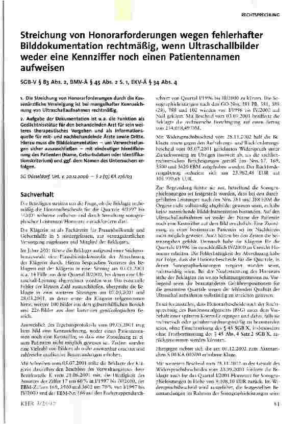 Vorschauseite 1: Streichung von Honorarforderungen wegen fehlerhafter Bilddokumentation rechtmäßig, wenn Ultraschallbilder weder eine Kennziffer noch einen Patientennamen aufweisen