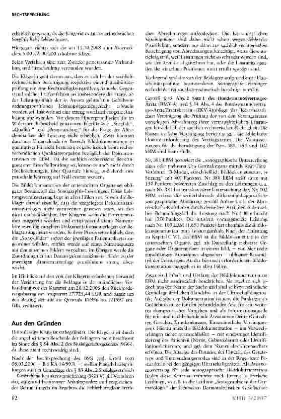 Vorschauseite 2: Streichung von Honorarforderungen wegen fehlerhafter Bilddokumentation rechtmäßig, wenn Ultraschallbilder weder eine Kennziffer noch einen Patientennamen aufweisen