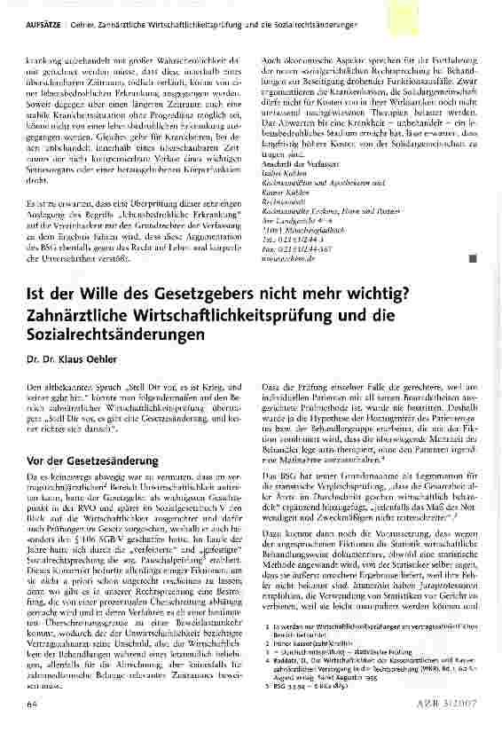 Vorschauseite 1: Ist der Wille des Gesetzgebers nicht mehr wichtig?Zahnärztliche Wirtschaftlichkeitsprüfung und die Sozialrechtsänderungen