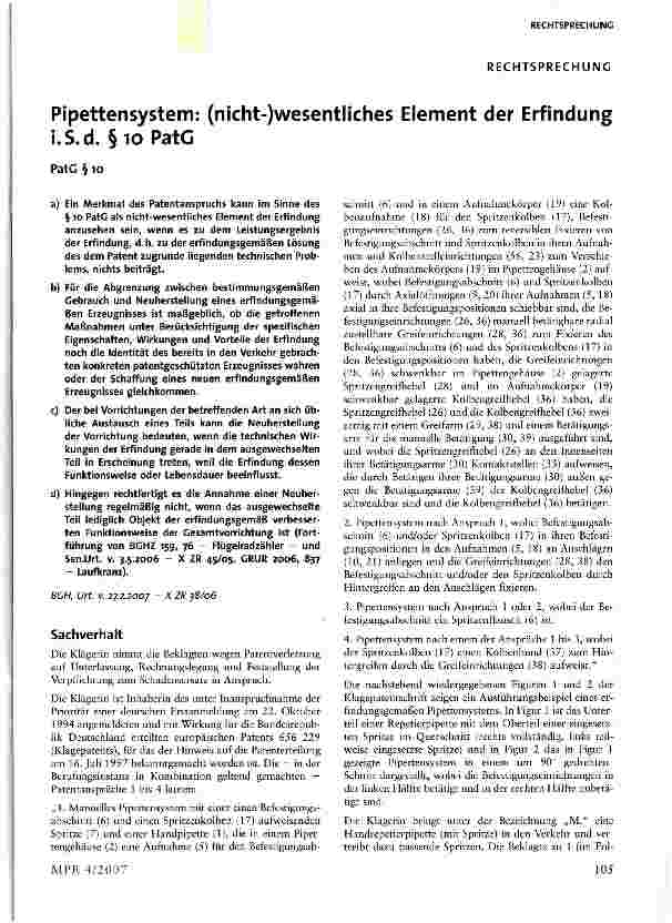 Vorschauseite 1: Pipettensystem: (nicht-)wesentliches Element der Erfindung i.S.d. §10 PatG