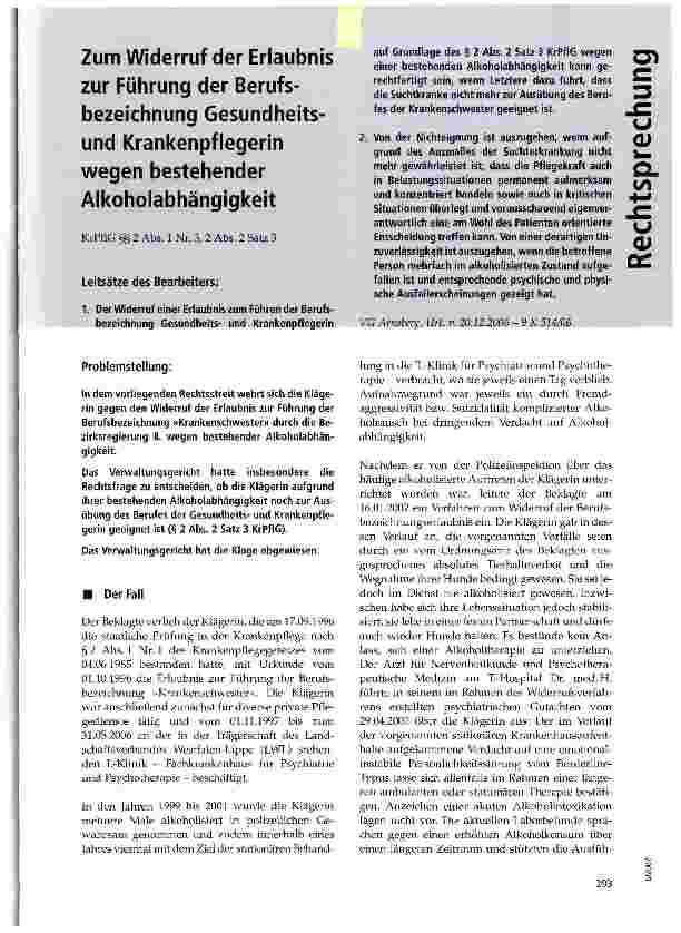 Vorschauseite 1: Zum Widerruf der Erlaubnis zur Führung der Berufsbezeichnung Gesundheitsund Krankenpflegerin wegen bestehender Alkoholabhängigkeit