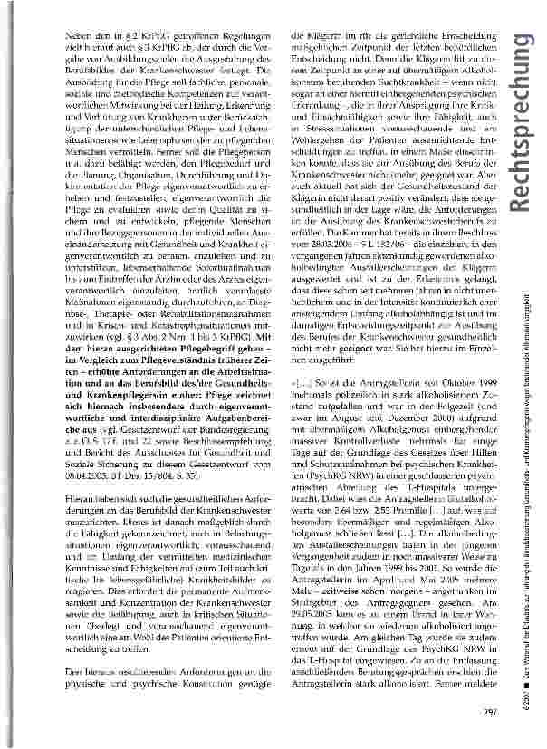 Vorschauseite 5: Zum Widerruf der Erlaubnis zur Führung der Berufsbezeichnung Gesundheitsund Krankenpflegerin wegen bestehender Alkoholabhängigkeit