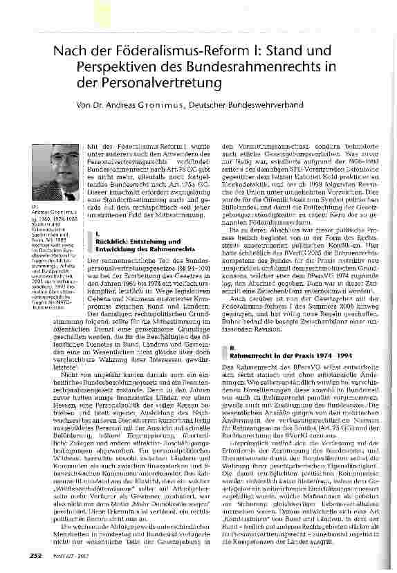 Vorschauseite 1: Nach der Föderalismus-Reform I: Stand und Perspektiven des Bundesrahmenrechts in der Personalvertretung