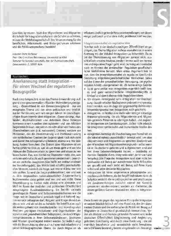 Vorschauseite 1: Anerkennung statt Integration -Für einen Wechsel der regulativen Bezugsgröße