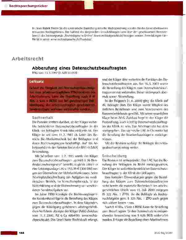 Vorschauseite 1: Abberufung eines Datenschutzbeauftragten