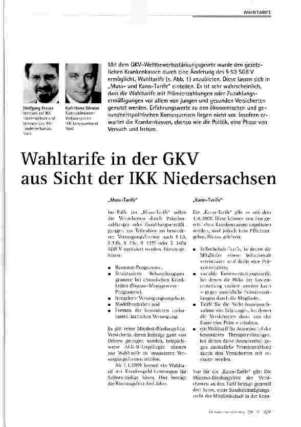 Vorschauseite 1: Wahltarife in der GKV aus Sicht der IKK Niedersachsen