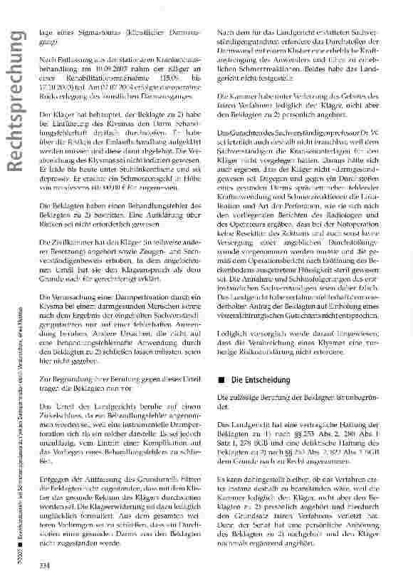 Vorschauseite 2: Beweislastumkehr bei Schmerzensgeldanspruch wegen Darmperforation durch Verabreichung eines Klysmas
