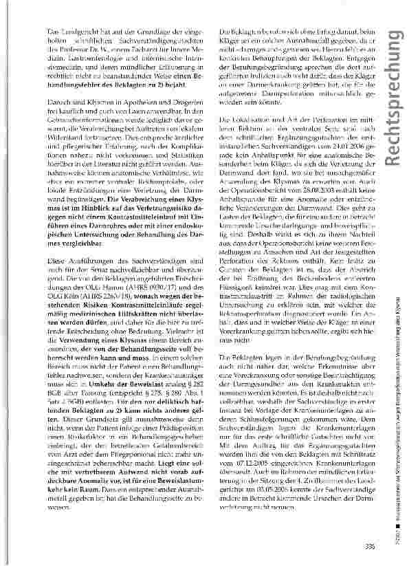Vorschauseite 3: Beweislastumkehr bei Schmerzensgeldanspruch wegen Darmperforation durch Verabreichung eines Klysmas