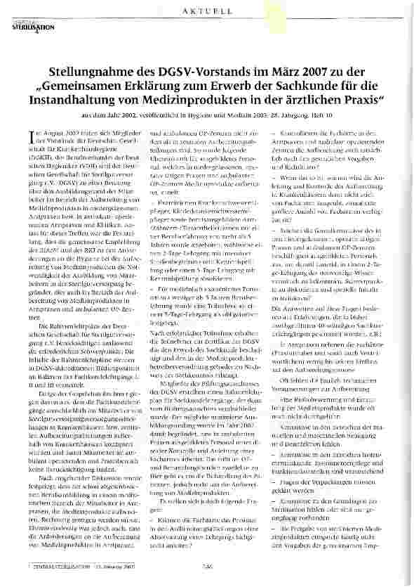Vorschauseite 1: Stellungnahme des DGSV-Vorstands im März 2007 zu der Gemeinsamen Erklärung zum Erwerb der Sachkunde für die Instandhaltung von Medizinprodukten in der ärztlichen Praxis