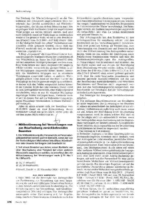 Vorschauseite 1: Mitbestimmung bei Versetzungen von aus Beurlaubung zurückkehrenden Beamten