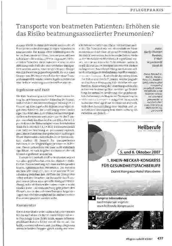 Vorschauseite 1: Transporte von beatmeten Patienten: Erhöhen sie das Risiko beatmungsassoziierter Pneumonien?