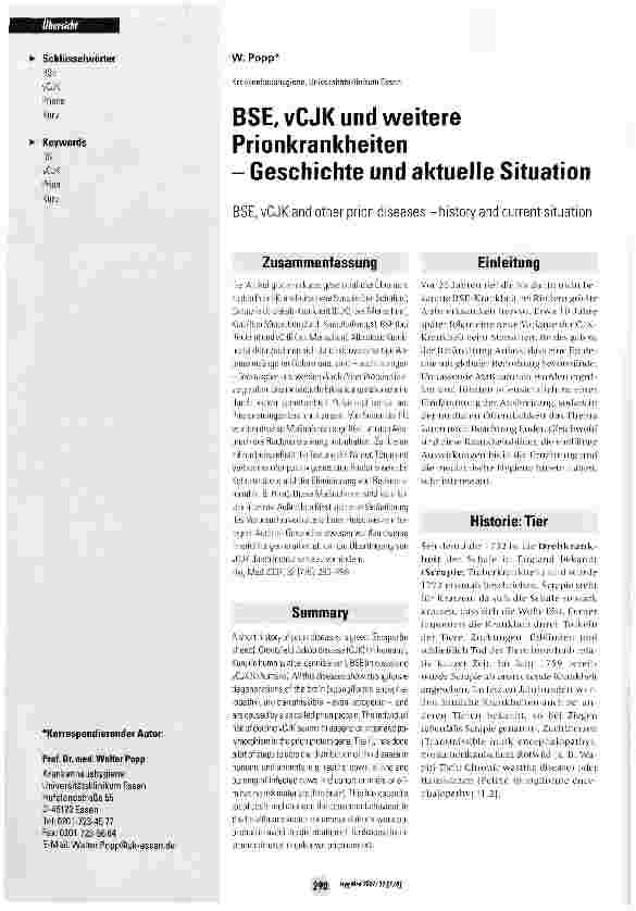 Vorschauseite 1: BSE, vCJK und weitere Prionkrankheiten-Geschichte und aktuelle Situation