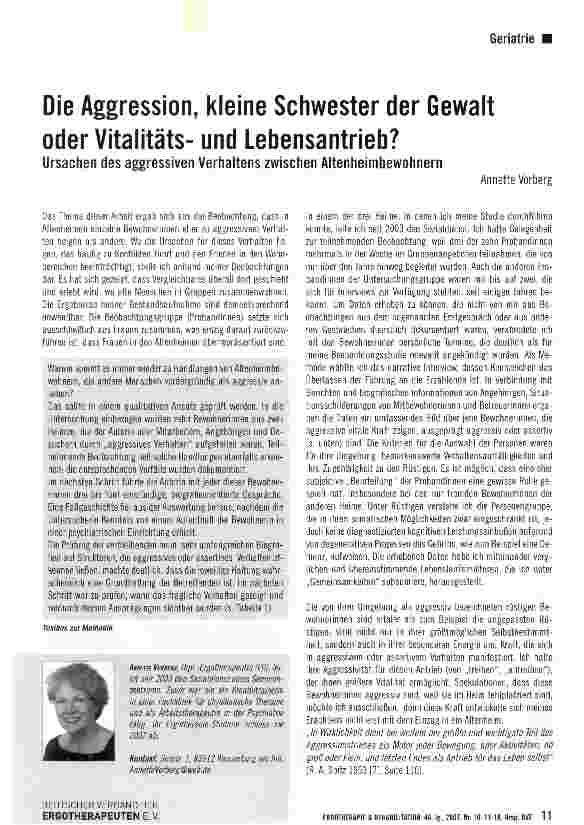 Vorschauseite 1: Die Aggression, kleine Schwester der Gewalt oder Vitalitätsund Lebensantrieb?