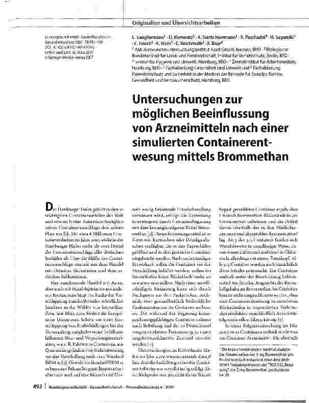 Vorschauseite 1: Untersuchungen zur möglichen Beeinflussung von Arzneimitteln nach einer simulierten Containerent-wesunq mittels Brommethan