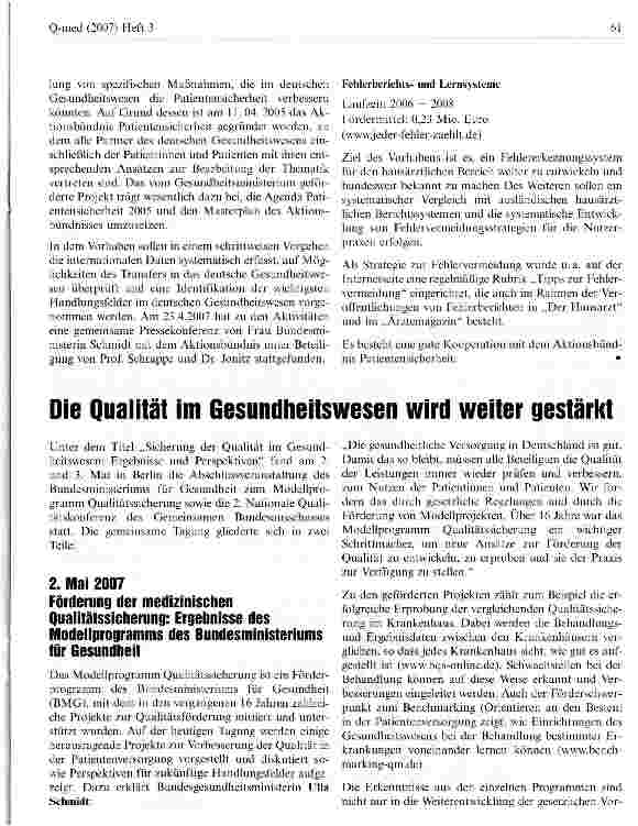 Vorschauseite 1: Die Qualität im Gesundheitswesen wird weiter gestärkt