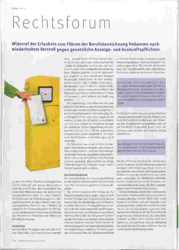 Vorschauseite 1: Widerruf der Erlaubnis zum Führen der Berufsbezeichnung Hebamme nach wiederholtem Verstoß gegen gesetzliche Anzeigeund Auskunftspflichten