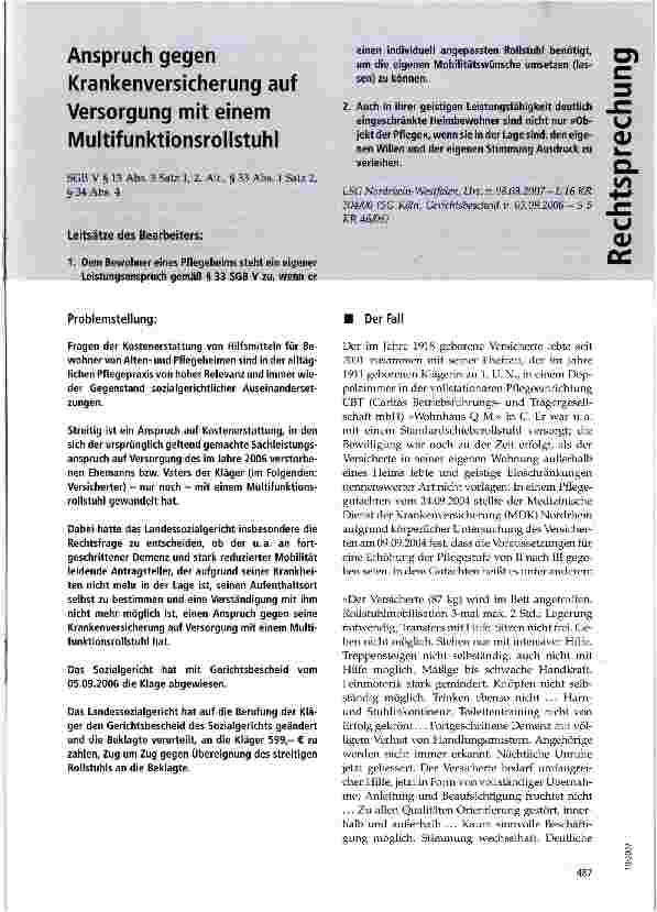 Vorschauseite 1: Anspruch gegen Krankenversicherung auf Versorgung mit einem Multifunktionsrollstuhl