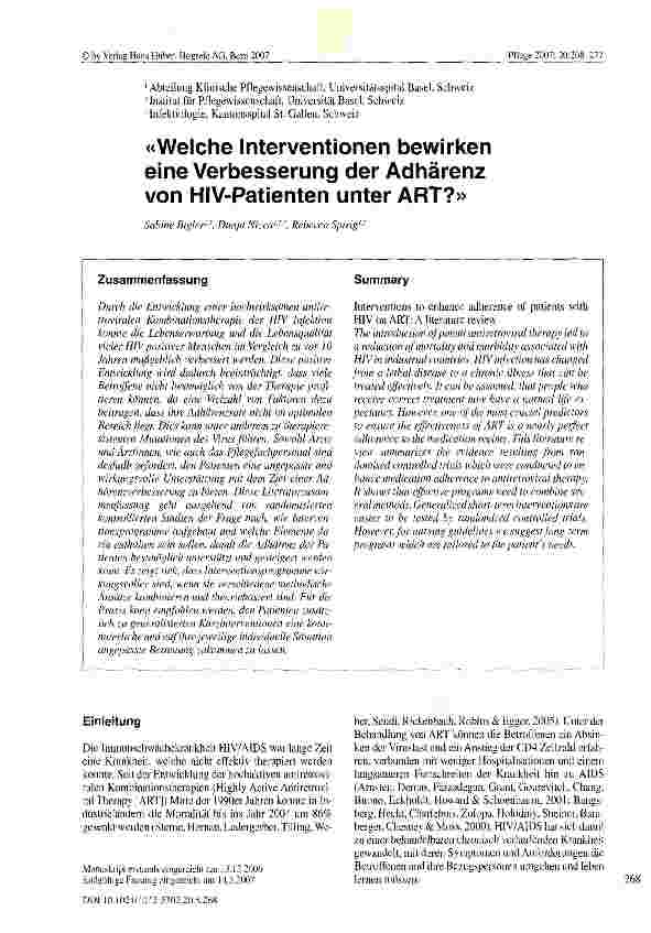 Vorschauseite 1: Welche Interventionen bewirken eine Verbesserung der Adhärenz von HIV-Patienten unter ART?