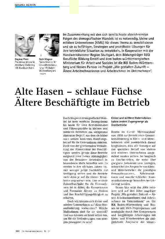 Vorschauseite 1: Alte Hasen - schlaue Füchse Altere Beschäftigte im Betrieb