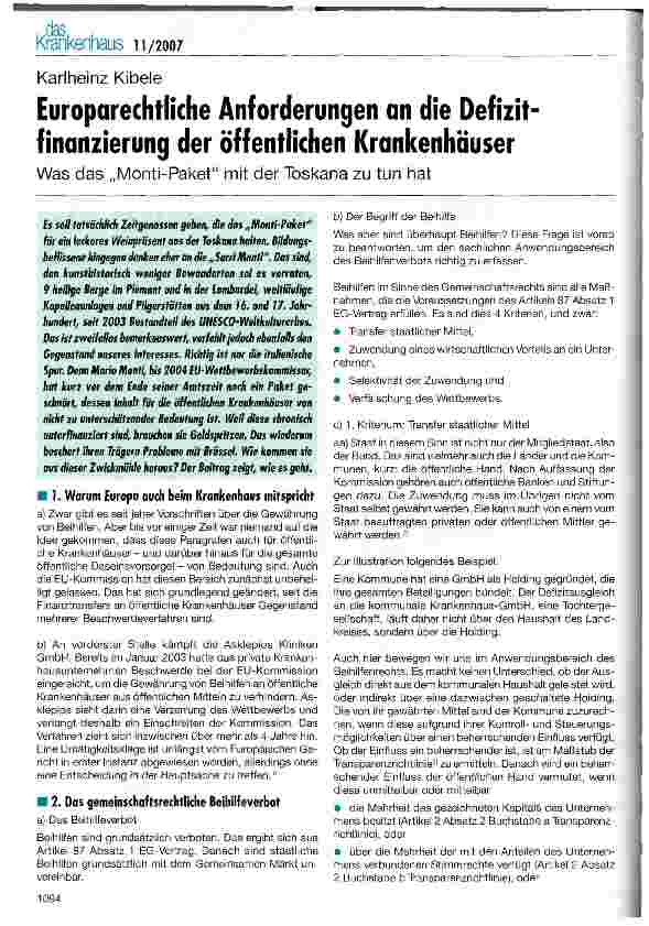 Vorschauseite 1: Europarechtliche Anforderungen an die Defizitfinanzierung der öffentlichen Krankenhäuser