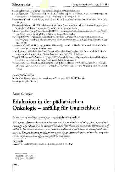 Vorschauseite 1: Edukation in der pädiatrischen Onkologie - anfällig fiir Ungleichheit?