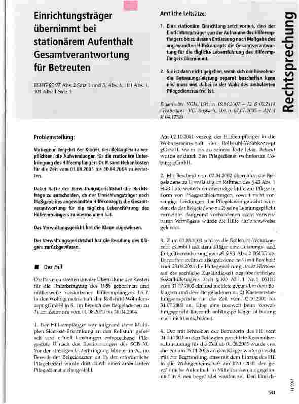 Vorschauseite 1: Einrichtungsträger übernimmt bei stationärem Aufenthalt Gesamtverantwortung für Betreuten