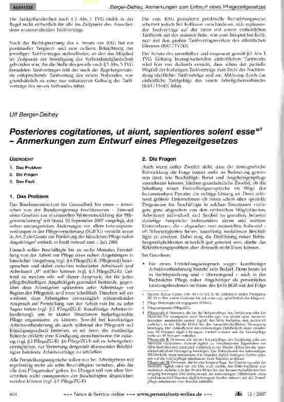 Vorschauseite 1: Posteriores cogitationes, ut aiunt, sapientiores solent esse - Anmerkungen zum Entwurf eines Pflegezeitgesetzes