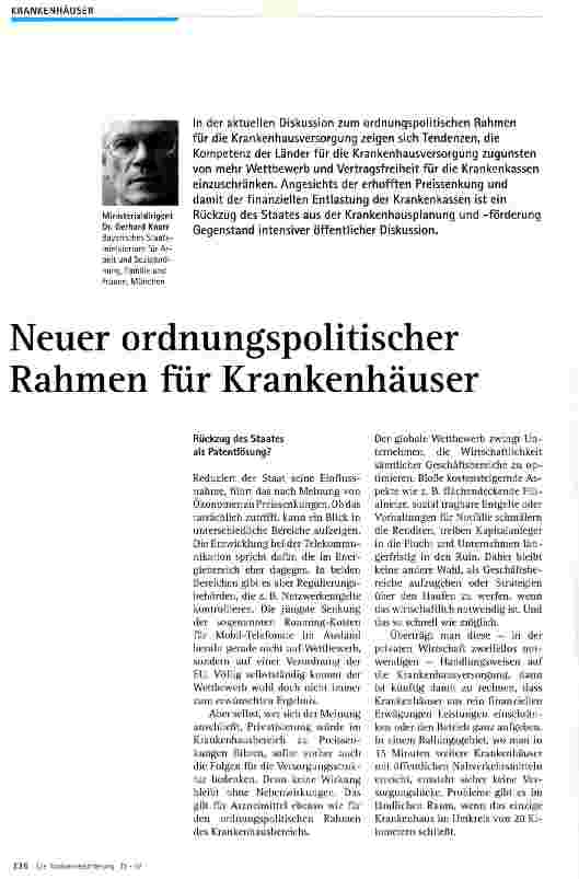 Vorschauseite 1: Neuer ordnungspolitischer Rahmen für Krankenhäuser