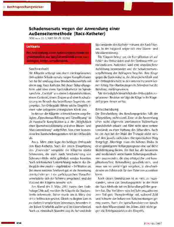 Vorschauseite 1: Schadensersatz wegen der Anwendung einer Außenseitermethode (Racz-Katheter)